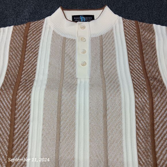 Steve Harvey Henley Sweater Adult Large Brown White Striped Knit - Picture 2 of 7
